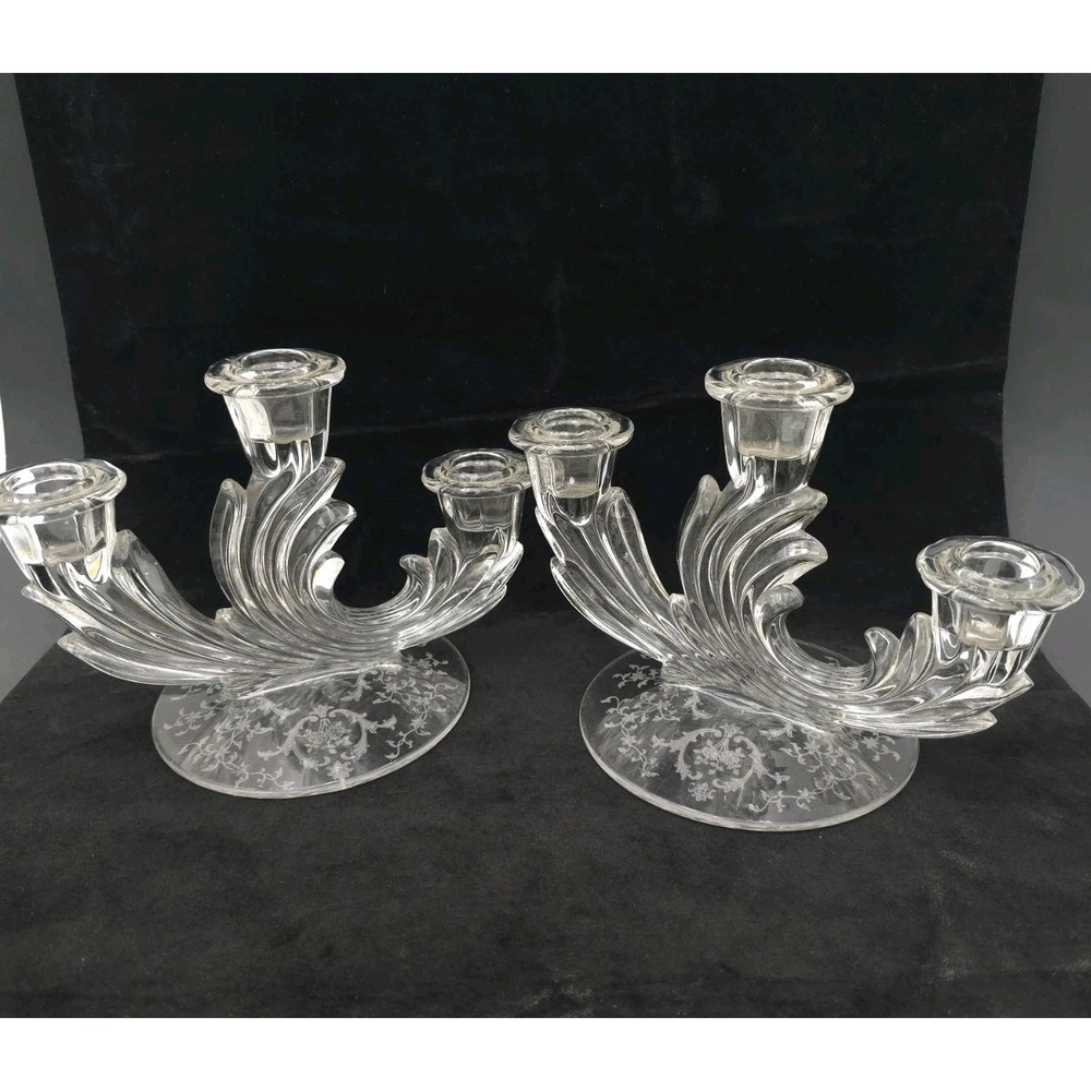 Set Of 2 Fostoria Chintz Triple Candlestick 3 Candle‎ Holder pair